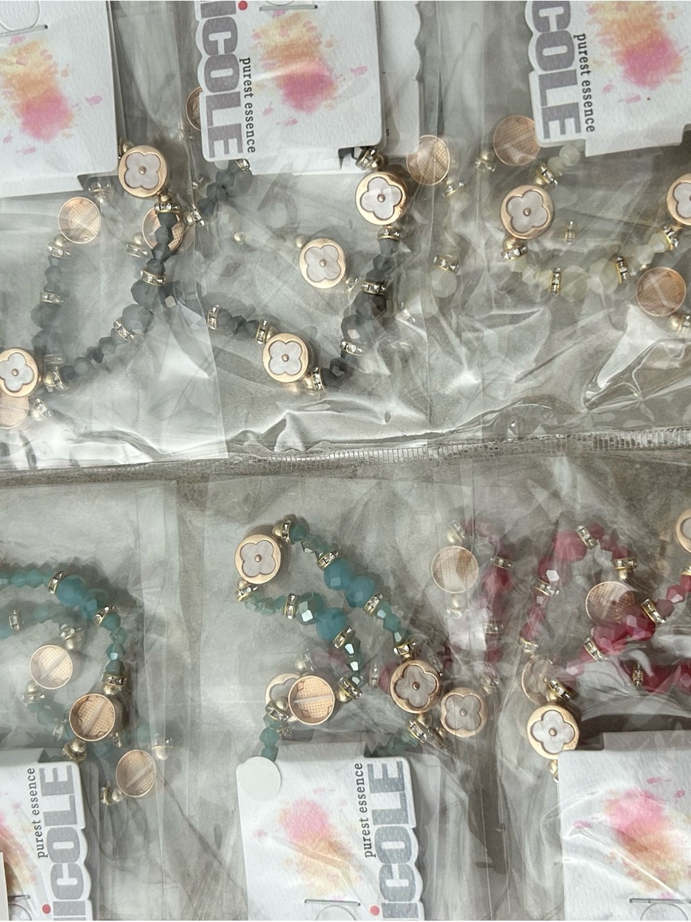 4/$100 CLOVER Multi-Strand Beaded Bracelet with Floral Charm - Teal & Red